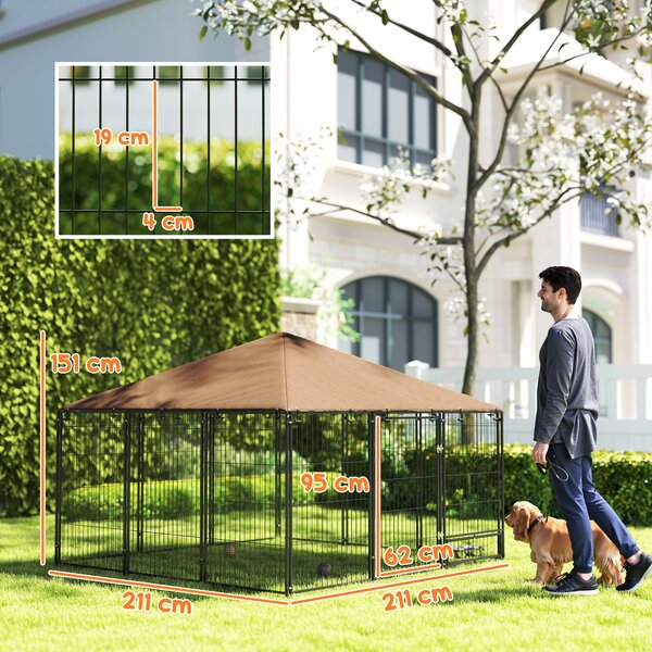 PawHut Recinto per Cani in Metallo e Tessuto Oxford con Porticina per Ciotole, 211x211x151 cm, Nero e Marrone|Aosom