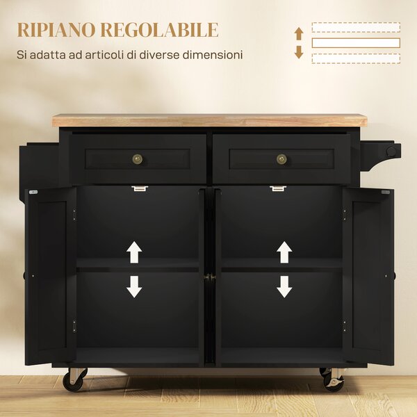 Carrello da Cucina Portavivande con 4 ruote e 2 freni, Cassetti e 2 ripiani interni regolabili, Armadietti e Portaspezie, Nero| Aosom Italy