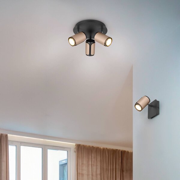 Trio Lighting Faretto da soffitto Gillan, caffè, a 3 luci, rotondo, metallo, GU10 dimmerabile, Nero, Soggiorno / Sala da pranzo, Metallo, Moderno, Faretto