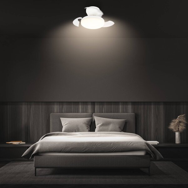 Briloner Ventilatore da soffitto LED Ravan, motore a corrente continua, bianco, Ø 44 cm, dimmerabile, Bianco / Opale, Camera da letto, Plastica, Moderno