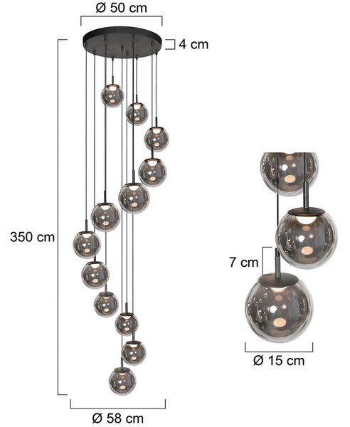 Steinhauer Lampada LED a sospensione Bollique, 12 luci. rotonda, nera, vetro dimmerabile, Alluminio / Grigio / Zincato, Soggiorno / Sala da pranzo, Vetro