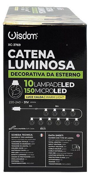 Catena luminosa a Led decorativa 8 metri 10 sfere trasparenti con minilucciole Bianco caldo a luce fissa Wisdom