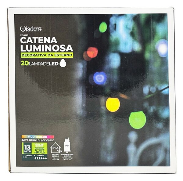 Catena luminosa a Led decorativa 10 metri 20 lampadine trasparenti IP44 RGB a luce fissa Wisdom
