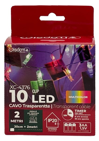 Catena decorata con mollette portafoto luminose a Led RGB 2 metri a batteria e autospegnimento Wisdom