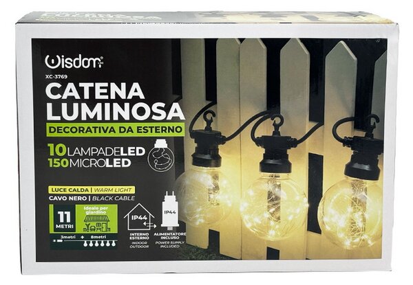 Catena luminosa a Led decorativa 8 metri 10 sfere trasparenti con minilucciole Bianco caldo a luce fissa Wisdom