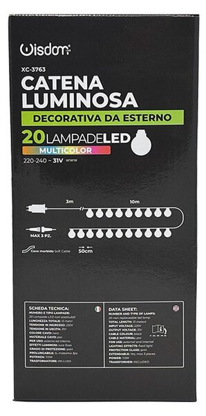 Catena luminosa a Led decorativa 10 metri 20 lampadine trasparenti IP44 RGB a luce fissa Wisdom