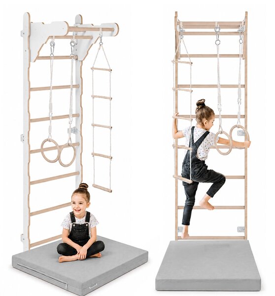 Scala ginnica per bambini (210 cm), Scala a muro in legno, Struttura per arrampicata per bambini, Ruote ginniche, Materasso protettivo
