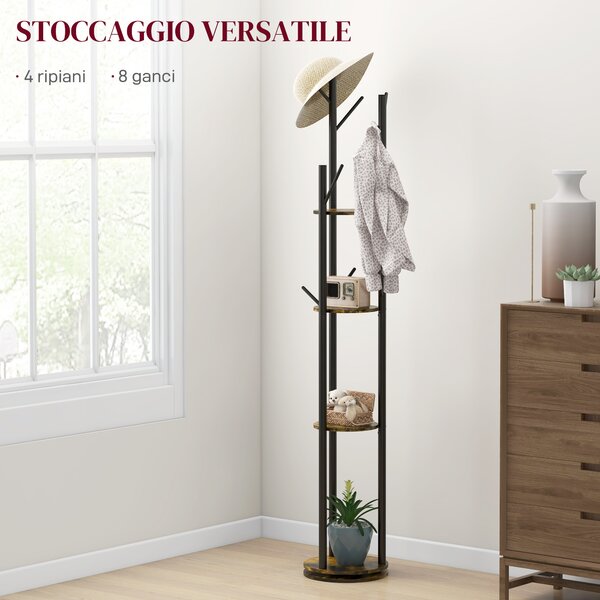 HOMCOM Appendiabiti da Terra Girevole con 8 Ganci e 4 Mensole in Stile Industriale, Ø30x175cm, Marrone