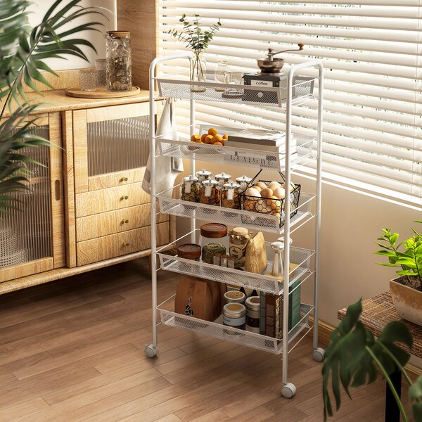 HOMCOM Carrello da Cucina Salvaspazio a 5 Livelli con Cestini a Rete in Acciaio, 45x26.5x106cm, Bianco