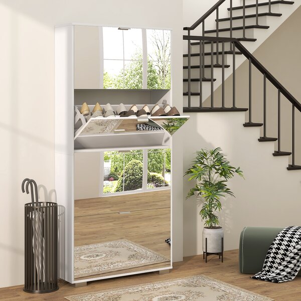HOMCOM Mobile Scarpiera Salvaspazio Slim con Specchio e 4 Cassetti su 3 livelli per 24 Paia di Scarpe, 76x26x178cm, Bianco | Aosom Italy