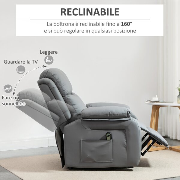 HOMCOM Poltrona Relax Elettrica con Telecomando e schienale reclinabile 160°, Sedia imbottita Alzapersona Anziani in Similpelle, Grigio | Aosom Italy