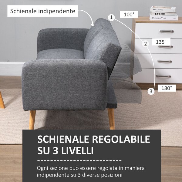 HOMCOM Divano Letto 2 Posti a 1 Piazza con Schienale Reclinabile, Rivestimento Tessuto e Gambe in Legno, 173x75x73cm, Grigio|Aosom