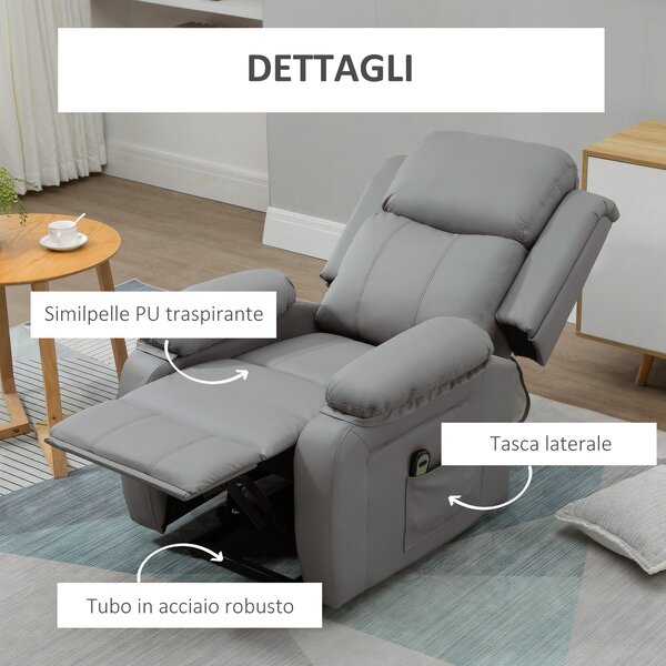 HOMCOM Poltrona Relax Elettrica con Telecomando e schienale reclinabile 160°, Sedia imbottita Alzapersona Anziani in Similpelle, Grigio | Aosom Italy