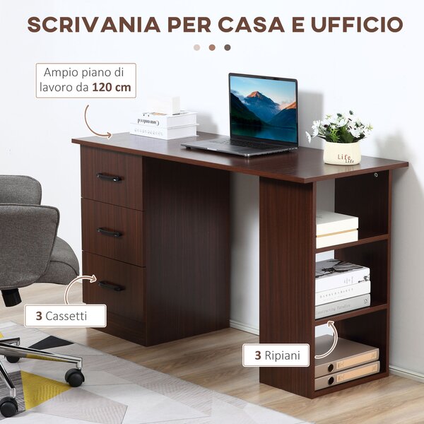 HOMCOM Scrivania Ufficio con 3 Cassetti e 3 Ripiani in Legno, 120x49x72cm, Noce|Aosom