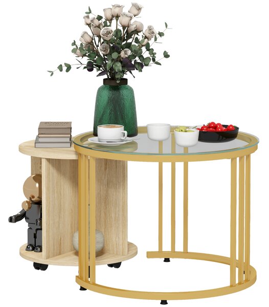 HOMCOM Set 2 Tavolini da Salotto Rotondi, Design Impilabile, 4 Ripiani, 4 Ruote, Stile Moderno, Oro e Rovere