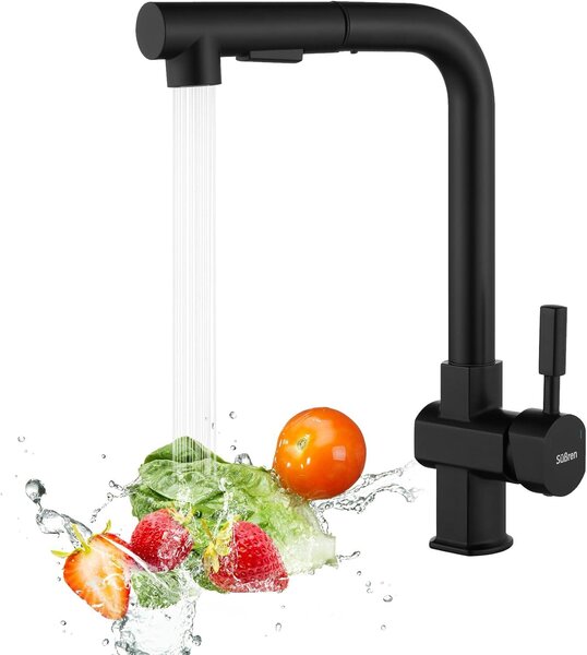 Miscelatore da cucina a 360°, estensibile, in acciaio inossidabile, nero, con 2 getti, per cucina