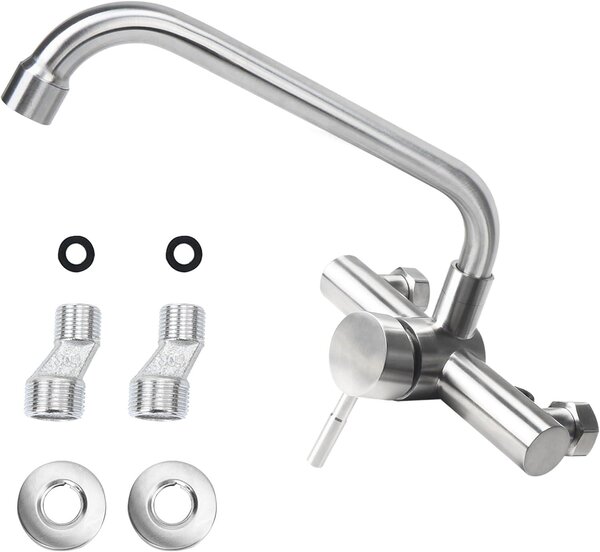 Miscelatore da cucina, montaggio a parete, rotazione a 360 gradi, acciaio inossidabile, per cucina, colore argento