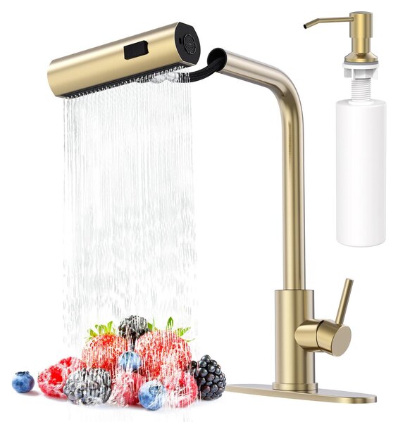 Miscelatore da cucina, finitura oro spazzolato, modello a cascata, in acciaio inossidabile, con doccetta estraibile, per cucina