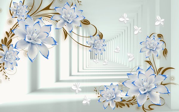 Carta da parati Fiori bianchi e blu su sfondo bianco, Carta da parati lastrazione, Carta da parati popolare, u47046v2 - Tapeko.it