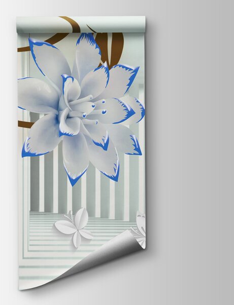 Carta da parati Fiori bianchi e blu su sfondo bianco, Carta da parati lastrazione, Carta da parati popolare, u47046v2 - Tapeko.it