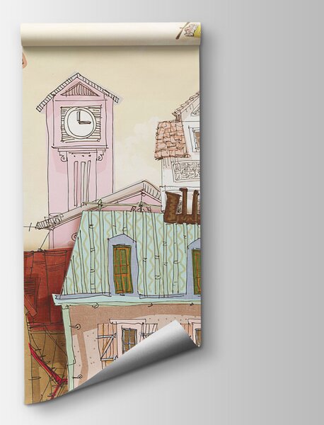 Carta da parati Città dei cartoni animati con edifici e automobili, Carta da parati citta, Carta da parati popolare, u62113v2 - Tapeko.it