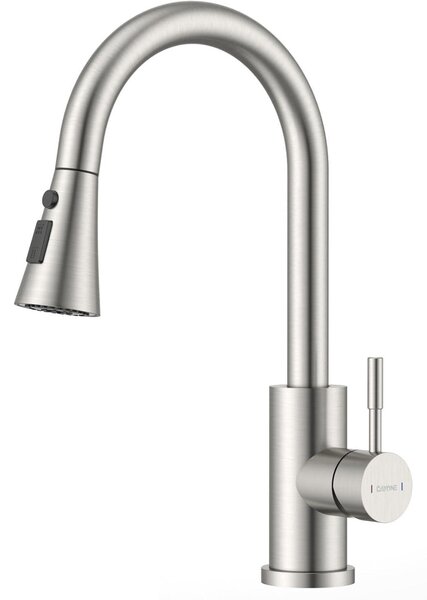 Miscelatore da cucina a bassa pressione, con doccetta estraibile, 3 attacchi, 2 getti, rotazione a 360°, design a collo di cigno