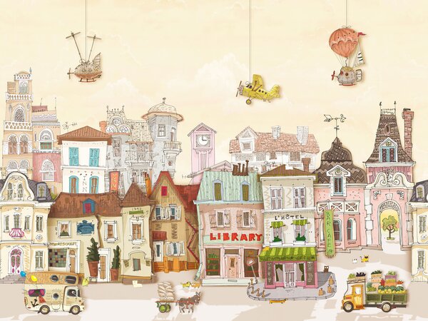 Carta da parati Città dei cartoni animati con edifici e automobili, Carta da parati citta, Carta da parati popolare, u62113v2 - Tapeko.it