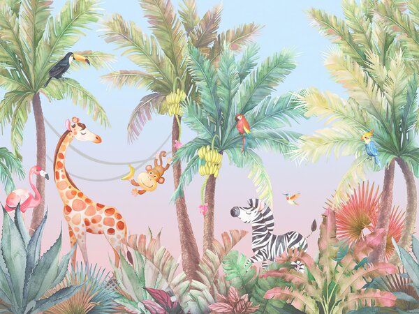 Carta da parati Giraffe e zebre nella giungla, Carta da parati Foresta, Carta da parati popolare, u62123v1 - Tapeko.it