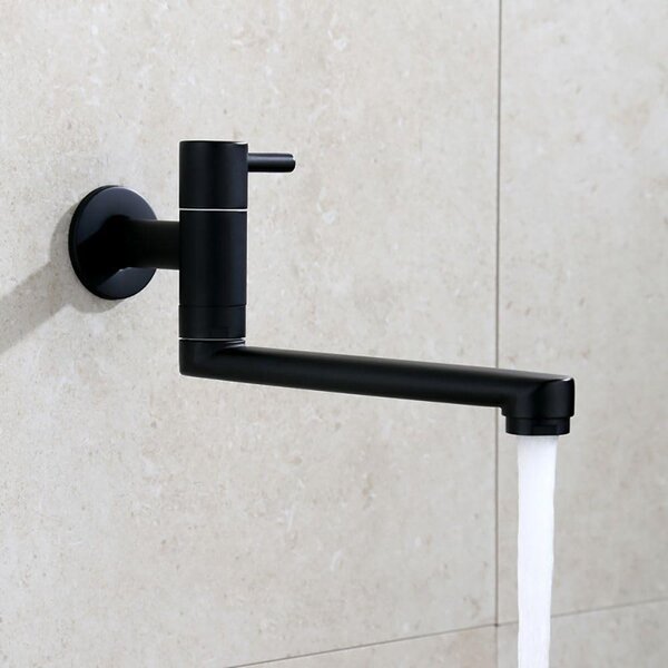 Rubinetto da cucina, montaggio a parete, solo acqua fredda, rotazione a 360 gradi, bocchetta da 18 cm, acciaio inossidabile nero, ideale per cucine moderne