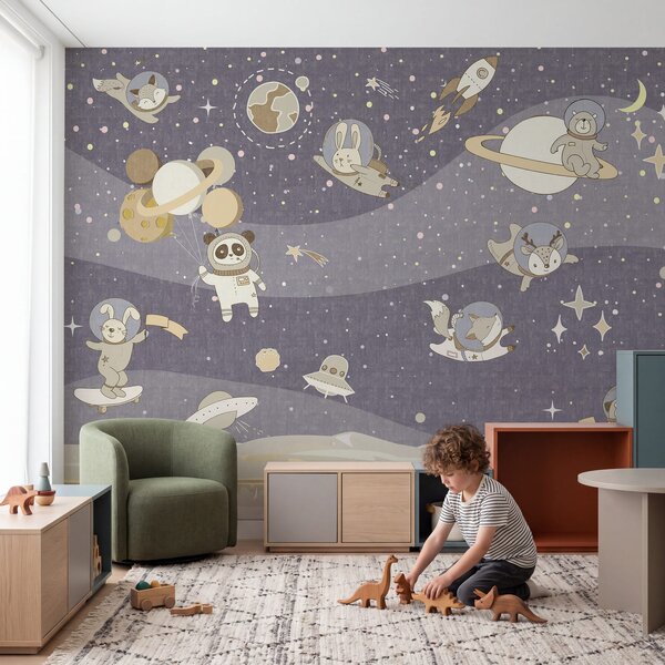 Carta da parati Scena spaziale in stile cartone animato con pianeti e stelle, Carta da parati per Bambini, Carta da parati popolare, u62416v1 - Tapeko.it