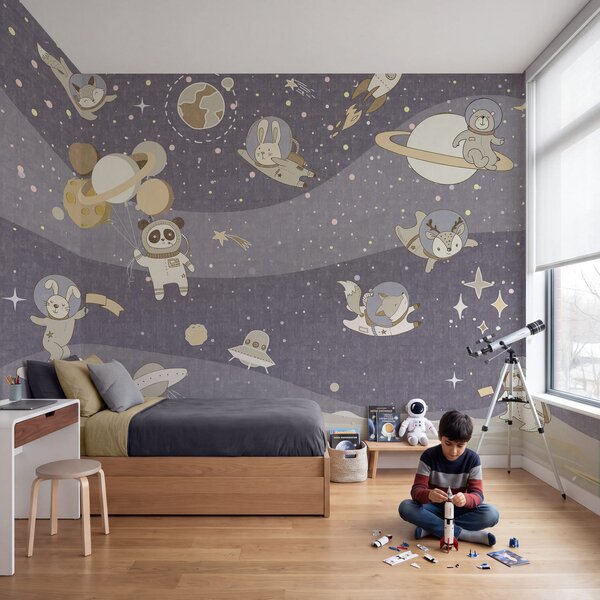 Carta da parati Scena spaziale in stile cartone animato con pianeti e stelle, Carta da parati per Bambini, Carta da parati popolare, u62416v1 - Tapeko.it
