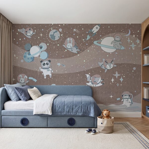Carta da parati Scena spaziale in stile cartone animato con pianeti e stelle, Carta da parati per Bambini, Carta da parati popolare, u62416v2 - Tapeko.it