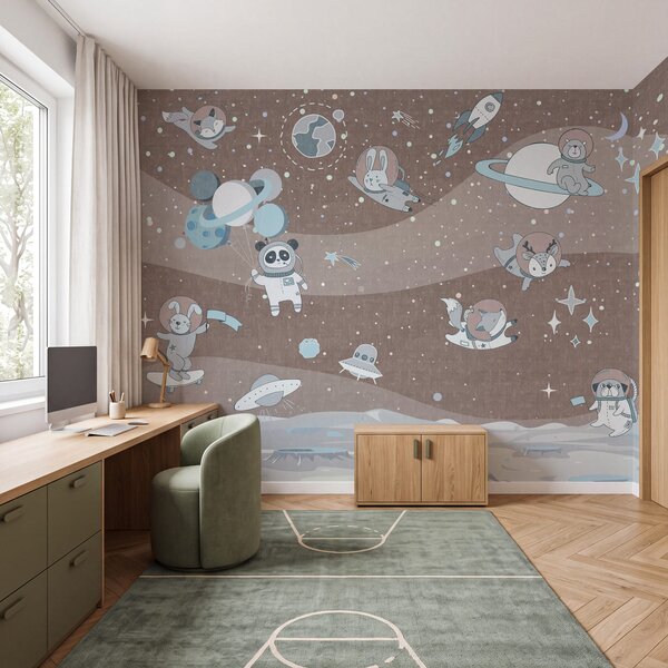 Carta da parati Scena spaziale in stile cartone animato con pianeti e stelle, Carta da parati per Bambini, Carta da parati popolare, u62416v2 - Tapeko.it