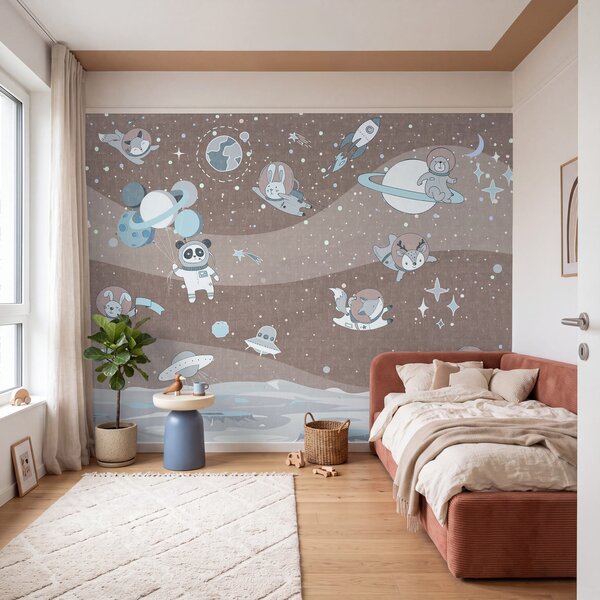 Carta da parati Scena spaziale in stile cartone animato con pianeti e stelle, Carta da parati per Bambini, Carta da parati popolare, u62416v2 - Tapeko.it