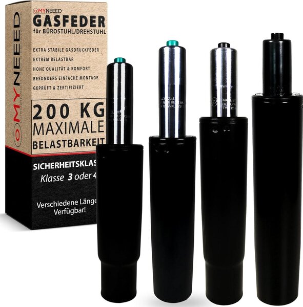 Ammortizzatore a gas per sedia da ufficio, 185 mm, fino a 200 kg, regolazione in altezza, per sedie girevoli, colore nero