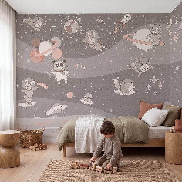 Carta da parati Scena spaziale in stile cartone animato con pianeti e animali, Carta da parati Spazio, Carta da parati popolare, u62416v3 - Tapeko.it