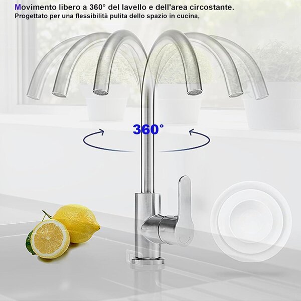 Miscelatore per lavello da cucina a 360°, adatto per lavelli doppi, in acciaio inossidabile, monocomando, a risparmio idrico, per cucina