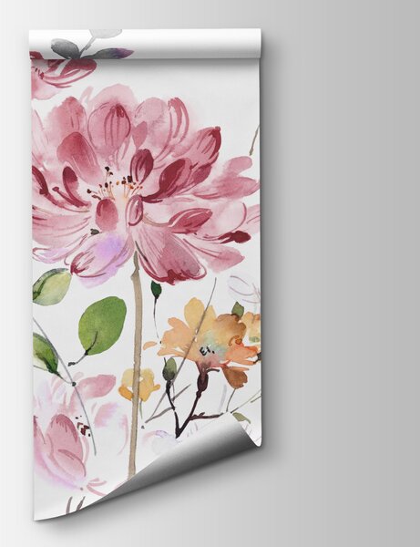 Carta da parati Dipinto di fiori e foglie, Carta da parati design, Carta da parati popolare, w03957 - Tapeko.it