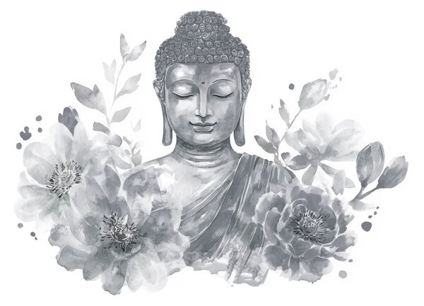 Carta da parati Statua di un Buddha circondata da fiori, Carta da parati lastrazione, Carta da parati popolare, w04005v1 - Tapeko.it