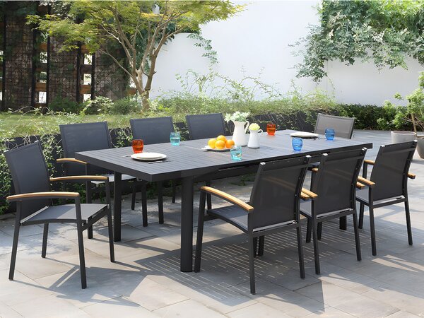 Sala da pranzo da giardino NAURU in alluminio: un tavolo allungabile L.180/240 cm e 8 poltrone impilabili - Antracite