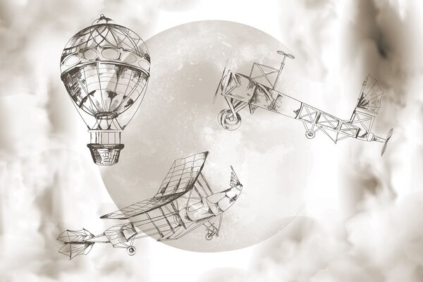 Carta da parati Disegno di aeroplani e di un pallone aerostatico, Carta da parati design, Carta da parati popolare, w04085v1 - Tapeko.it