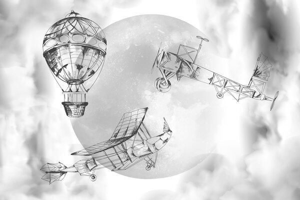 Carta da parati Disegno di aeroplani e di un pallone aerostatico, Carta da parati design, Carta da parati popolare, w04085 - Tapeko.it