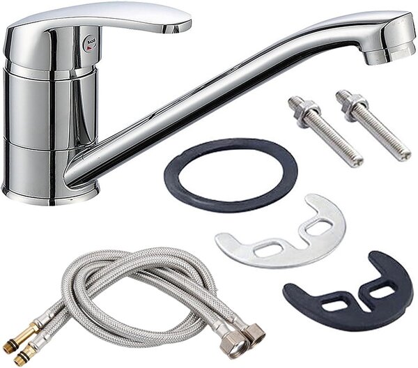 Miscelatore da cucina cromato, con bocchetta girevole a 360°, completo di 2 tubi di collegamento da 60 cm, per uso in cucina