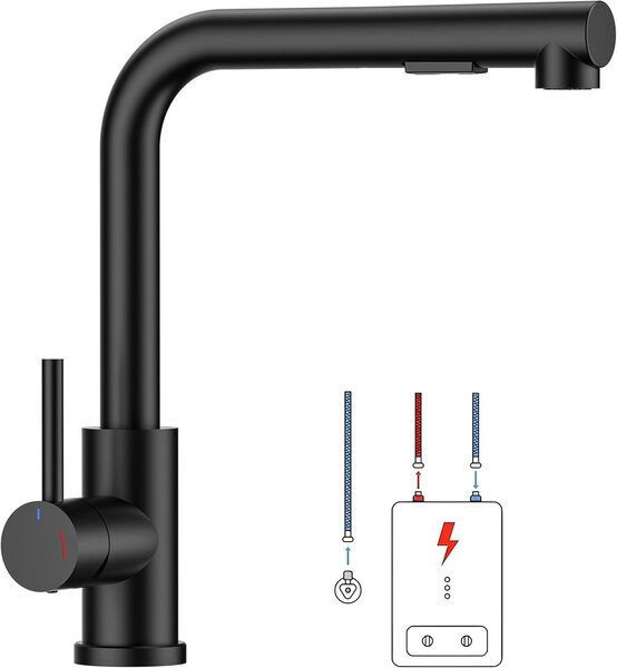 Miscelatore da cucina a bassa pressione, girevole a 360°, a forma di L, con doccetta estraibile, 2 tipi di getto, colore nero opaco, per cucina