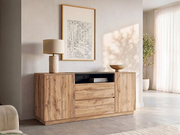 Credenza con 2 ante, 2 cassetti e 1 nicchia Naturale e Nero - CEMILINA
