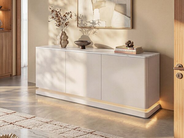 Credenza 3 ante con LED in MDF Beige ed effetto marmo Bianco - DEVIKA