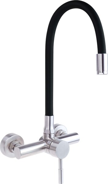 Miscelatore da cucina, montaggio a parete, erogatore flessibile, acciaio spazzolato, colore nero