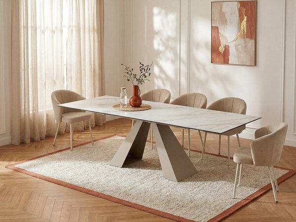 Tavolo da pranzo allungabile da 6 a 10 coperti in Ceramica e Metallo Effetto marmo Bianco e Beige - LOZIPA di Pascal MORABITO