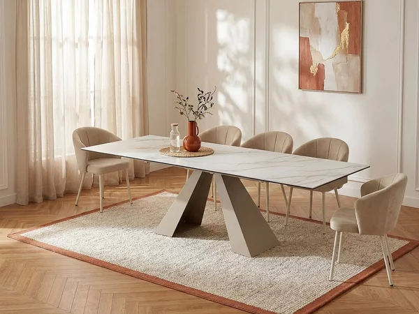 Tavolo da pranzo allungabile da 6 a 10 coperti in Ceramica e Metallo Effetto marmo Bianco e Beige - LOZIPA di Pascal MORABITO