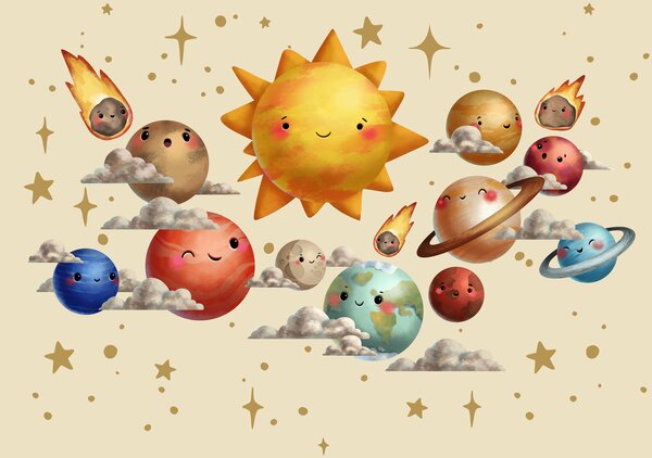 Carta da parati Pianeti da cartone animato nel cielo, Carta da parati per Bambini, Carta da parati popolare, t01011v1 - Tapeko.it